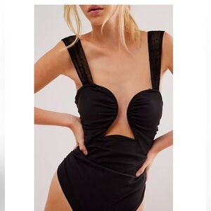 Free People x REVOLVE Double Take Bodysuit in Black Swiss Dot Mesh Straps L